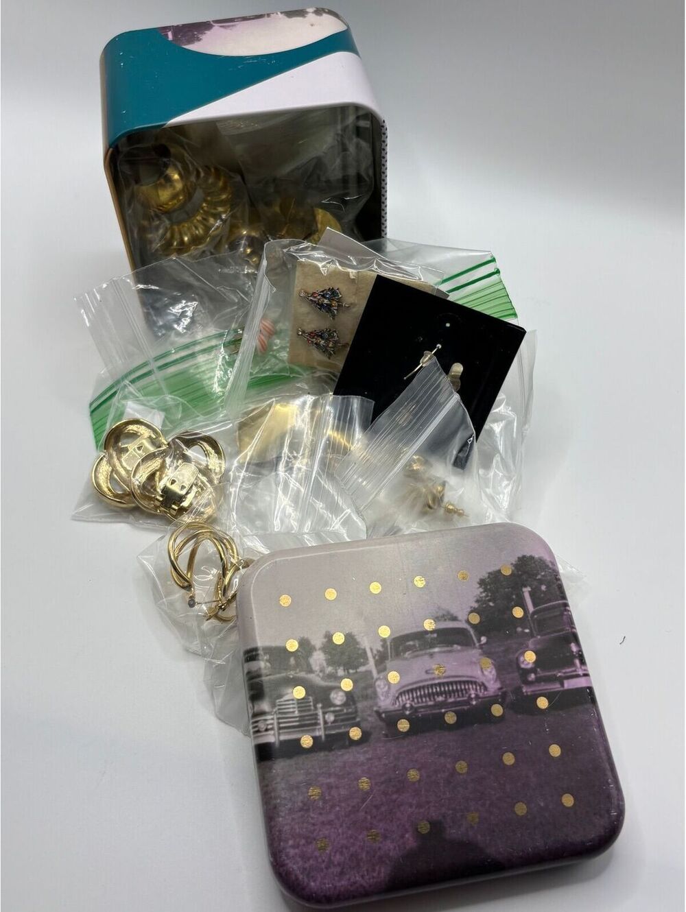 Mystery Gold Tone Jewelry Grab Bag Tin